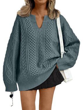 Women's Blue Green V Neck Fall Fashion Oversized Cable Knit Fall Outfits Sweater
